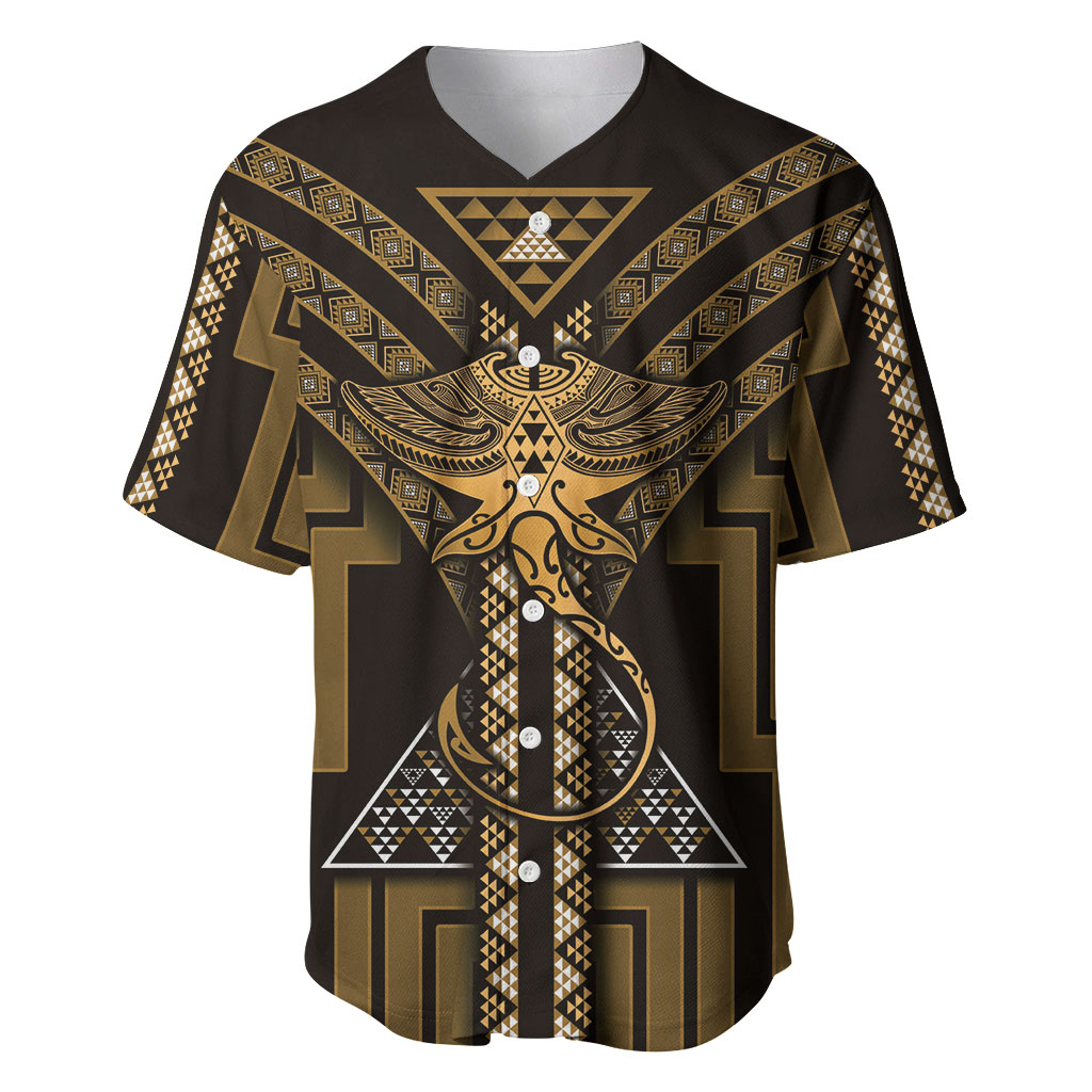New Zealand Manta Ray Baseball Jersey Maori Tukutuku Taniko Motifs Gold