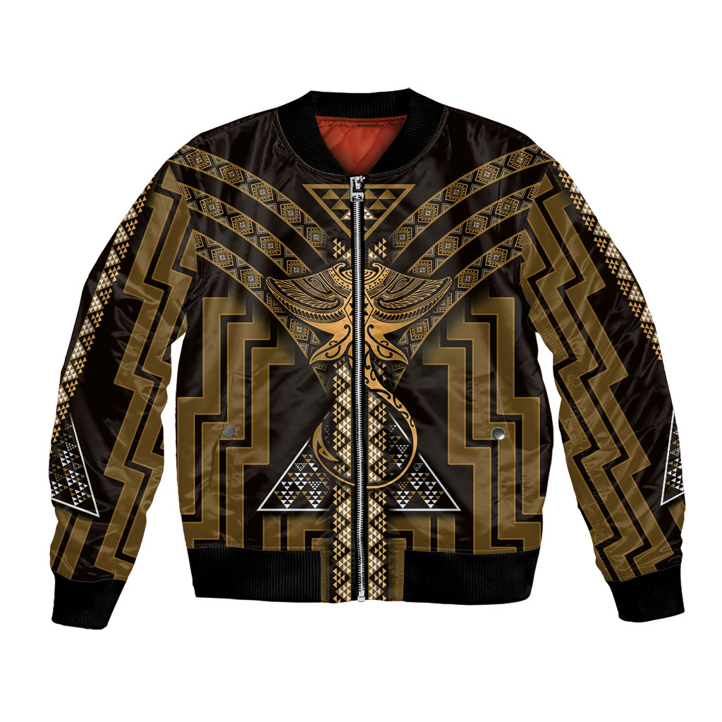 New Zealand Manta Ray Bomber Jacket Maori Tukutuku Taniko Motifs Gold