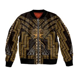 New Zealand Manta Ray Bomber Jacket Maori Tukutuku Taniko Motifs Gold