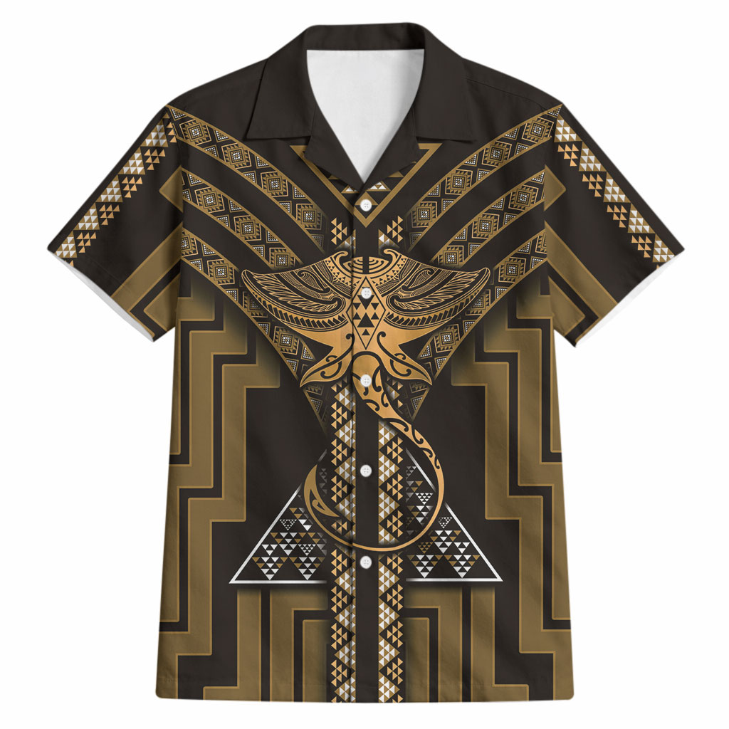 New Zealand Manta Ray Hawaiian Shirt Maori Tukutuku Taniko Motifs Gold