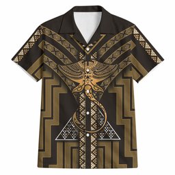 New Zealand Manta Ray Hawaiian Shirt Maori Tukutuku Taniko Motifs Gold