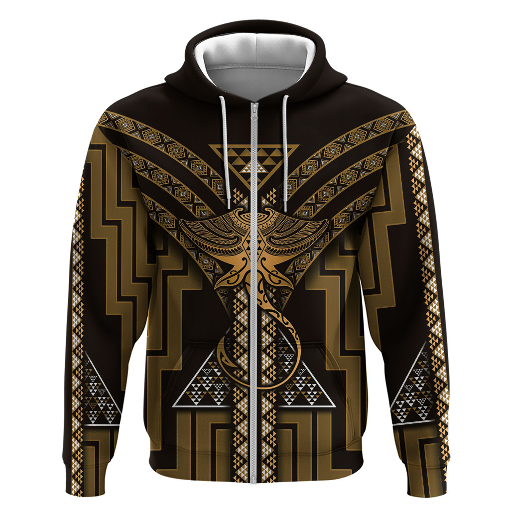 New Zealand Manta Ray Zip Hoodie Maori Tukutuku Taniko Motifs Gold