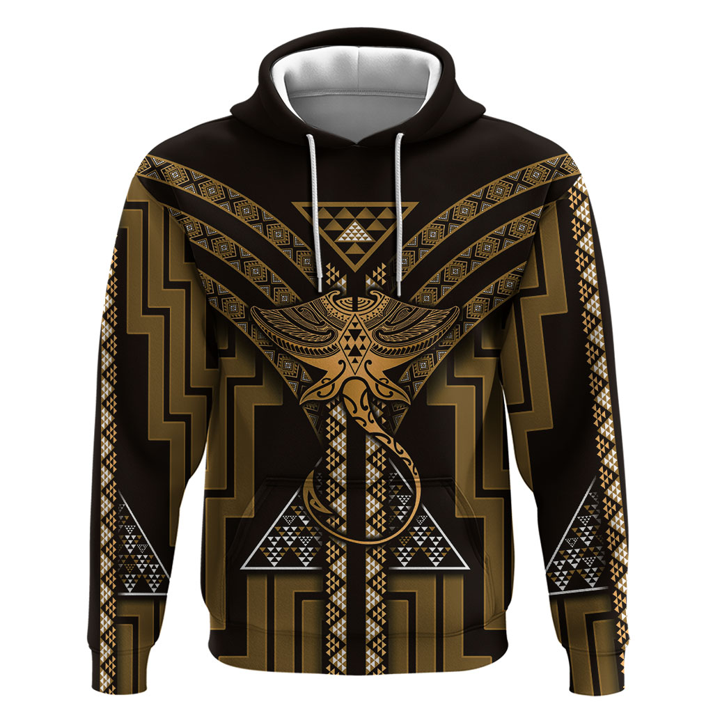 New Zealand Manta Ray Hoodie Maori Tukutuku Taniko Motifs Gold