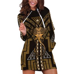 New Zealand Manta Ray Hoodie Dress Maori Tukutuku Taniko Motifs Gold