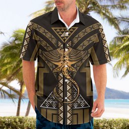 New Zealand Manta Ray Hawaiian Shirt Maori Tukutuku Taniko Motifs Gold