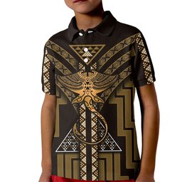 New Zealand Manta Ray Kid Polo Shirt Maori Tukutuku Taniko Motifs Gold
