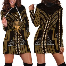 New Zealand Manta Ray Hoodie Dress Maori Tukutuku Taniko Motifs Gold