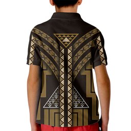 New Zealand Manta Ray Kid Polo Shirt Maori Tukutuku Taniko Motifs Gold
