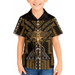 New Zealand Manta Ray Hawaiian Shirt Maori Tukutuku Taniko Motifs Gold