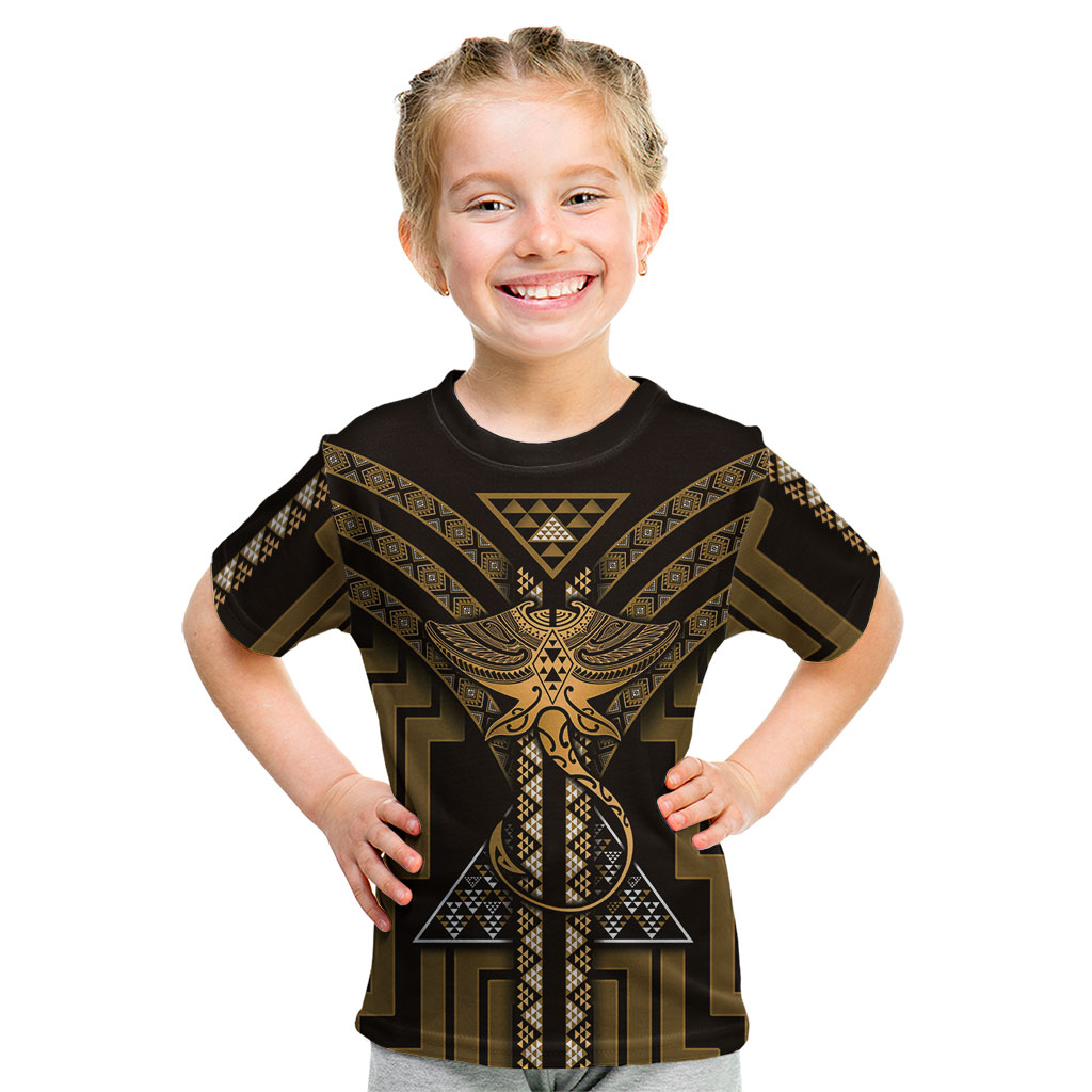 New Zealand Manta Ray Kid T Shirt Maori Tukutuku Taniko Motifs Gold