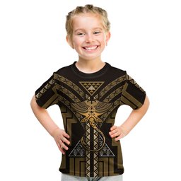 New Zealand Manta Ray Kid T Shirt Maori Tukutuku Taniko Motifs Gold