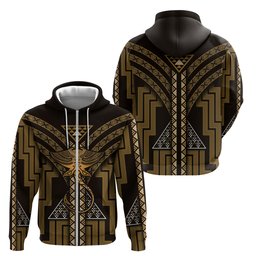 New Zealand Manta Ray Zip Hoodie Maori Tukutuku Taniko Motifs Gold