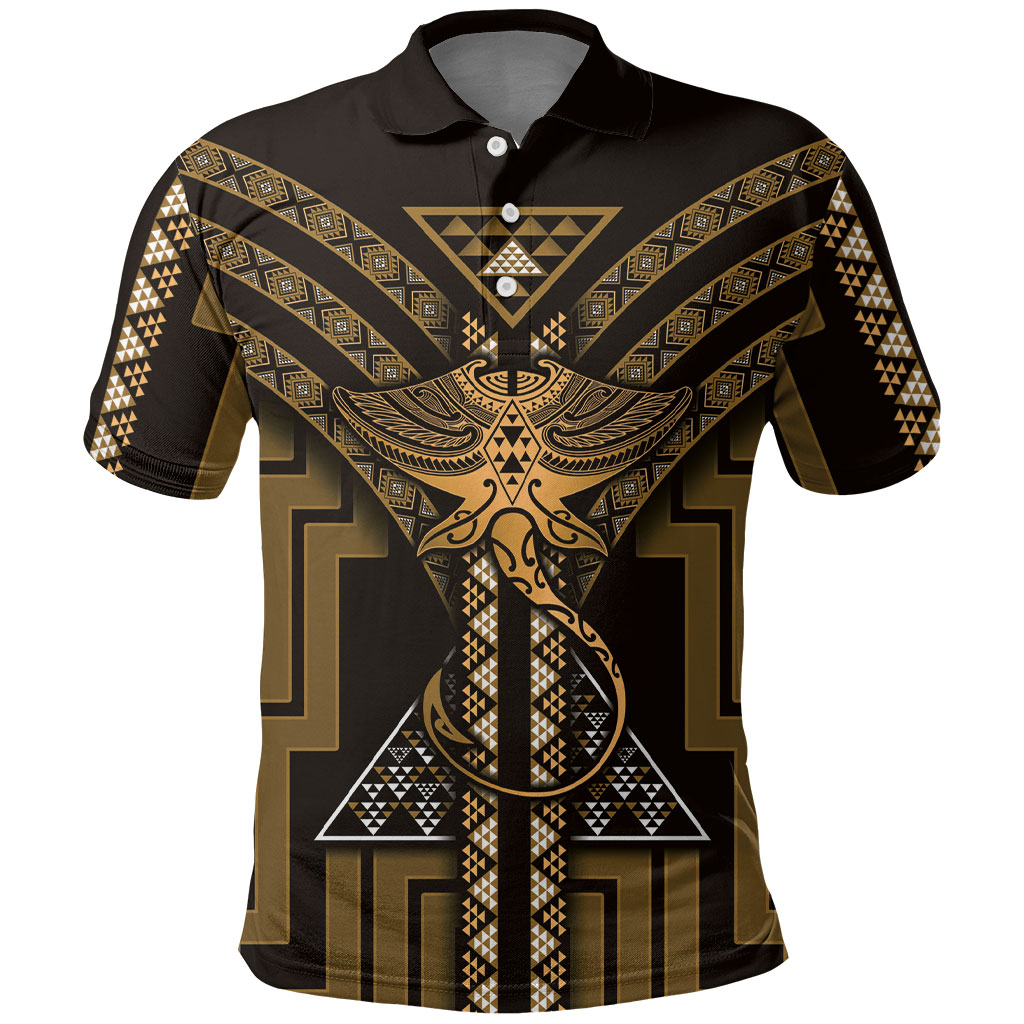 New Zealand Manta Ray Polo Shirt Maori Tukutuku Taniko Motifs Gold