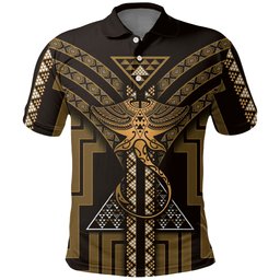 New Zealand Manta Ray Polo Shirt Maori Tukutuku Taniko Motifs Gold