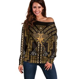 New Zealand Manta Ray Off Shoulder Sweater Maori Tukutuku Taniko Motifs Gold
