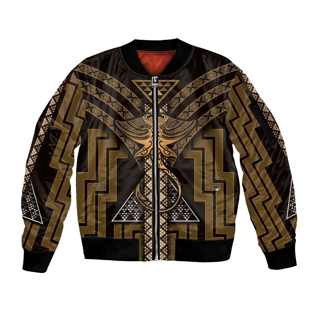 New Zealand Manta Ray Sleeve Zip Bomber Jacket Maori Tukutuku Taniko Motifs Gold