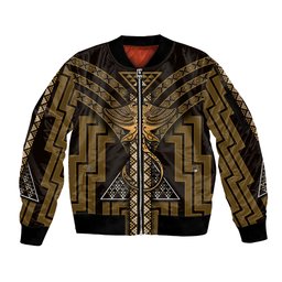 New Zealand Manta Ray Sleeve Zip Bomber Jacket Maori Tukutuku Taniko Motifs Gold