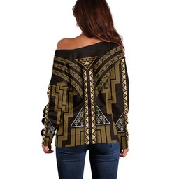 New Zealand Manta Ray Off Shoulder Sweater Maori Tukutuku Taniko Motifs Gold