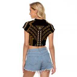 New Zealand Manta Ray Raglan Cropped T Shirt Maori Tukutuku Taniko Motifs Gold