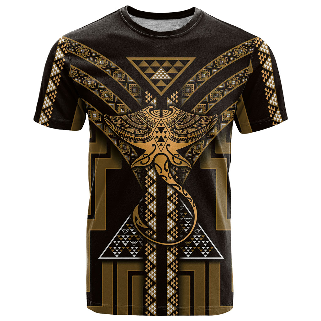 New Zealand Manta Ray T Shirt Maori Tukutuku Taniko Motifs Gold
