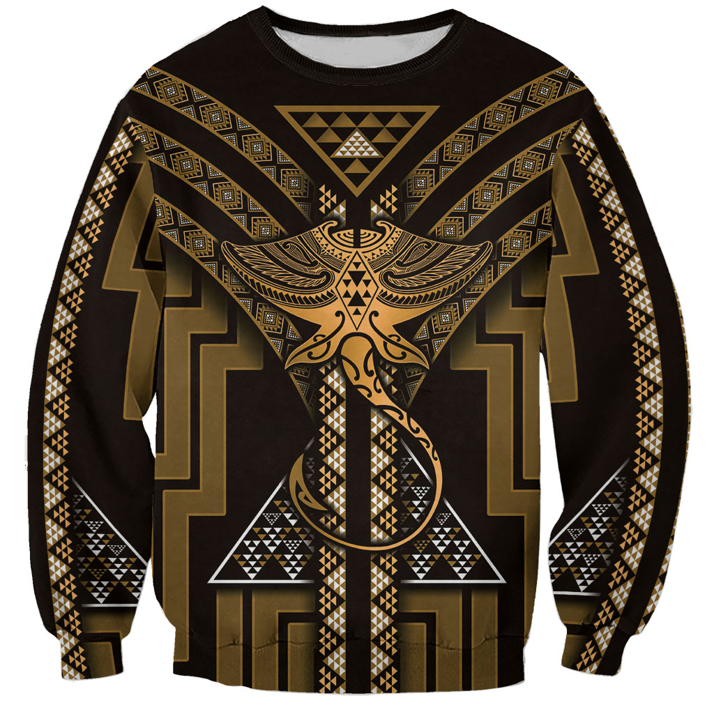 New Zealand Manta Ray Sweatshirt Maori Tukutuku Taniko Motifs Gold