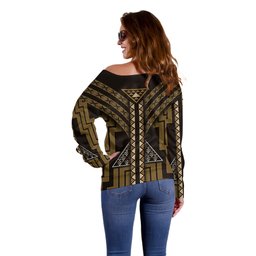 New Zealand Manta Ray Off Shoulder Sweater Maori Tukutuku Taniko Motifs Gold