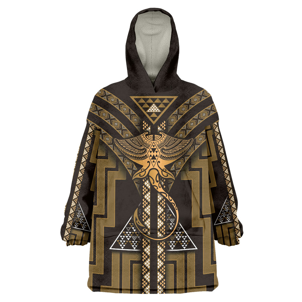 New Zealand Manta Ray Wearable Blanket Hoodie Maori Tukutuku Taniko Motifs Gold