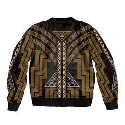 New Zealand Manta Ray Sleeve Zip Bomber Jacket Maori Tukutuku Taniko Motifs Gold