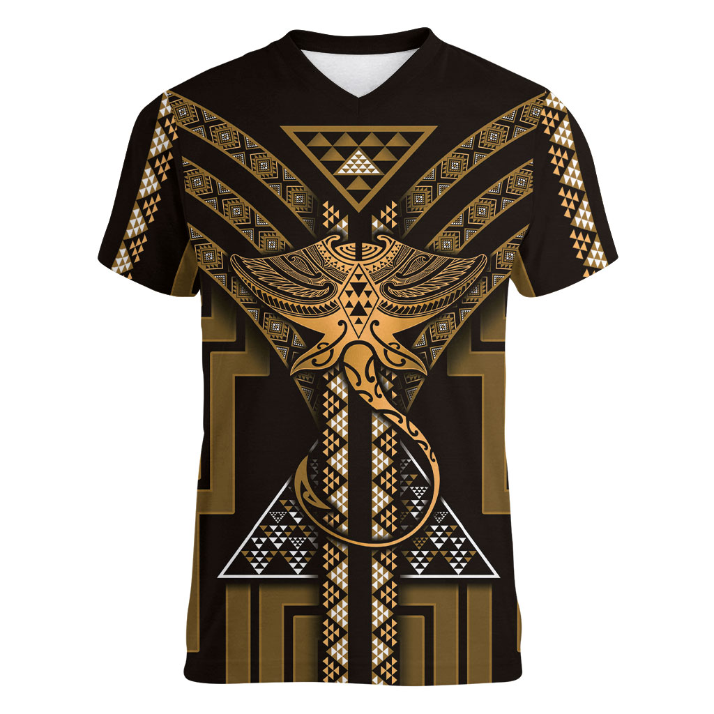 New Zealand Manta Ray Women V-Neck T-Shirt Maori Tukutuku Taniko Motifs Gold