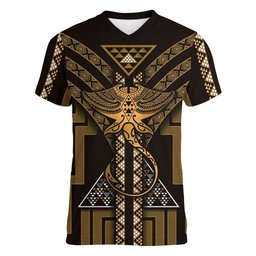 New Zealand Manta Ray Women V-Neck T-Shirt Maori Tukutuku Taniko Motifs Gold