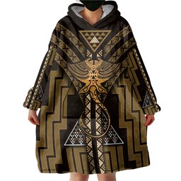 New Zealand Manta Ray Wearable Blanket Hoodie Maori Tukutuku Taniko Motifs Gold