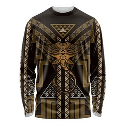 New Zealand Manta Ray Long Sleeve Shirt Maori Tukutuku Taniko Motifs Gold