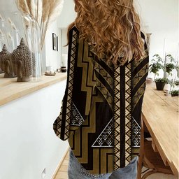 New Zealand Manta Ray Women Casual Shirt Maori Tukutuku Taniko Motifs Gold