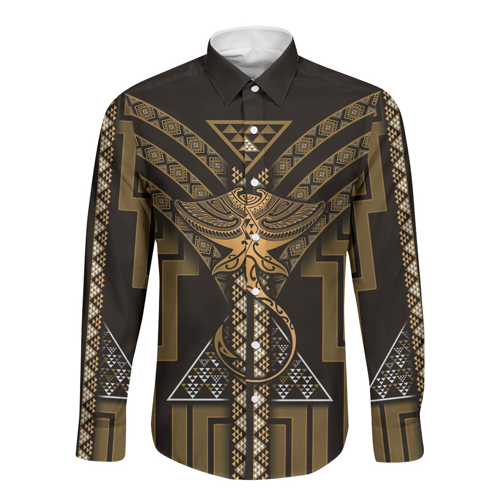 New Zealand Manta Ray Long Sleeve Button Shirt Maori Tukutuku Taniko Motifs Gold
