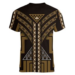 New Zealand Manta Ray Women V-Neck T-Shirt Maori Tukutuku Taniko Motifs Gold