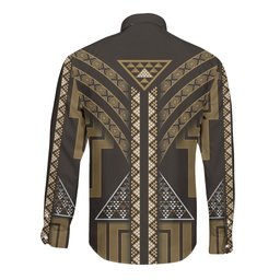 New Zealand Manta Ray Long Sleeve Button Shirt Maori Tukutuku Taniko Motifs Gold