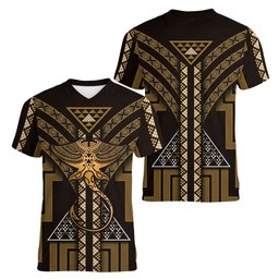 New Zealand Manta Ray Women V-Neck T-Shirt Maori Tukutuku Taniko Motifs Gold