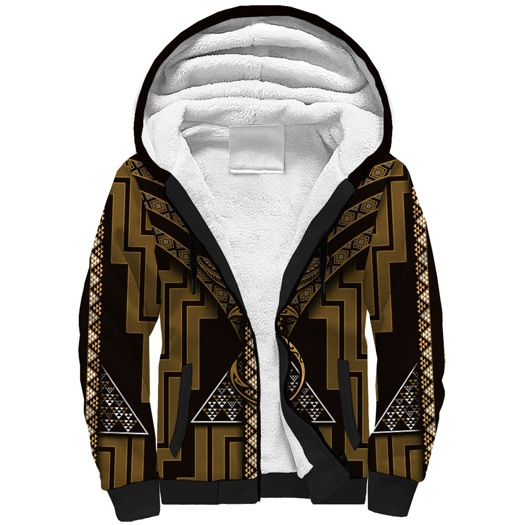 New Zealand Manta Ray Sherpa Hoodie Maori Tukutuku Taniko Motifs Gold