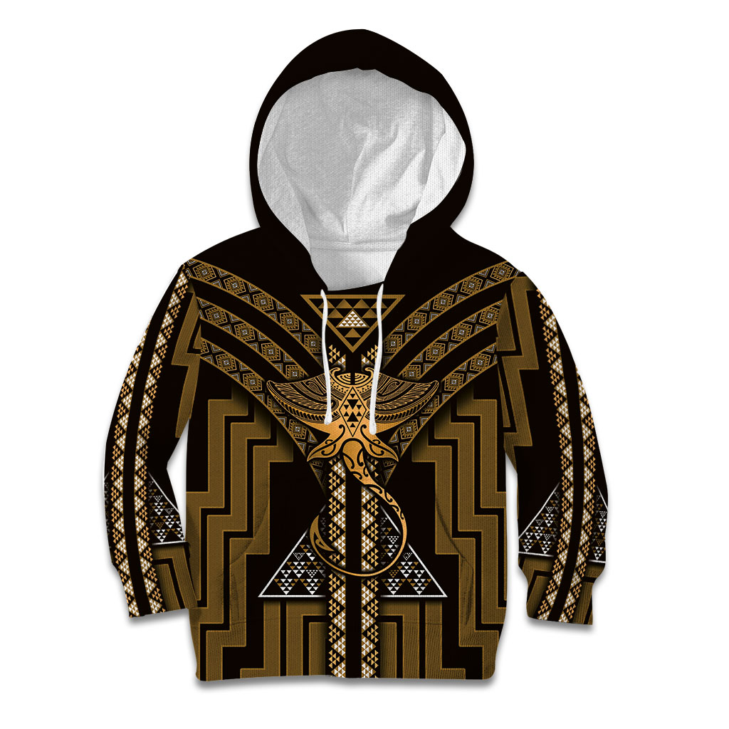 New Zealand Manta Ray Kid Hoodie Maori Tukutuku Taniko Motifs Gold