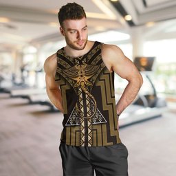 New Zealand Manta Ray Men Tank Top Maori Tukutuku Taniko Motifs Gold