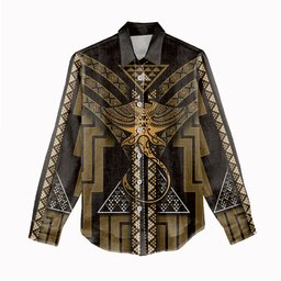 New Zealand Manta Ray Women Casual Shirt Maori Tukutuku Taniko Motifs Gold