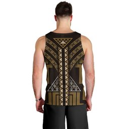 New Zealand Manta Ray Men Tank Top Maori Tukutuku Taniko Motifs Gold