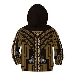 New Zealand Manta Ray Kid Hoodie Maori Tukutuku Taniko Motifs Gold