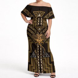 New Zealand Manta Ray Off Shoulder Maxi Dress Maori Tukutuku Taniko Motifs Gold