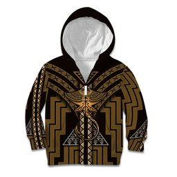 New Zealand Manta Ray Kid Hoodie Maori Tukutuku Taniko Motifs Gold