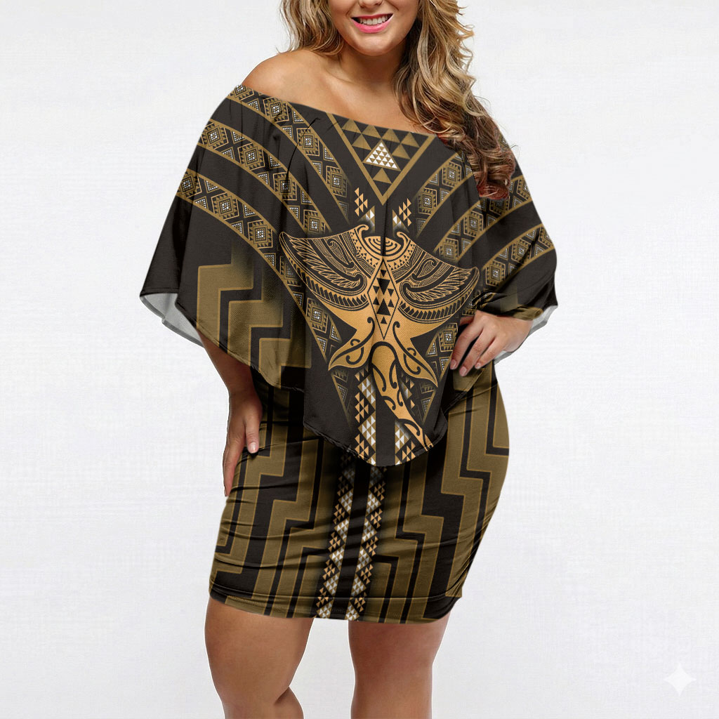New Zealand Manta Ray Off Shoulder Short Dress Maori Tukutuku Taniko Motifs Gold