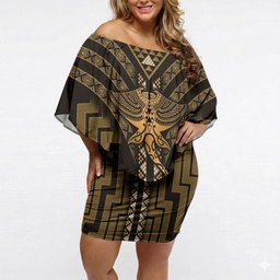 New Zealand Manta Ray Off Shoulder Short Dress Maori Tukutuku Taniko Motifs Gold