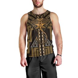 New Zealand Manta Ray Men Tank Top Maori Tukutuku Taniko Motifs Gold