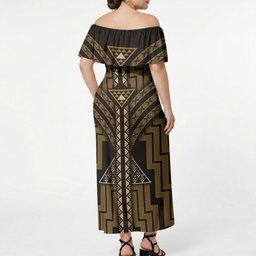 New Zealand Manta Ray Off Shoulder Maxi Dress Maori Tukutuku Taniko Motifs Gold