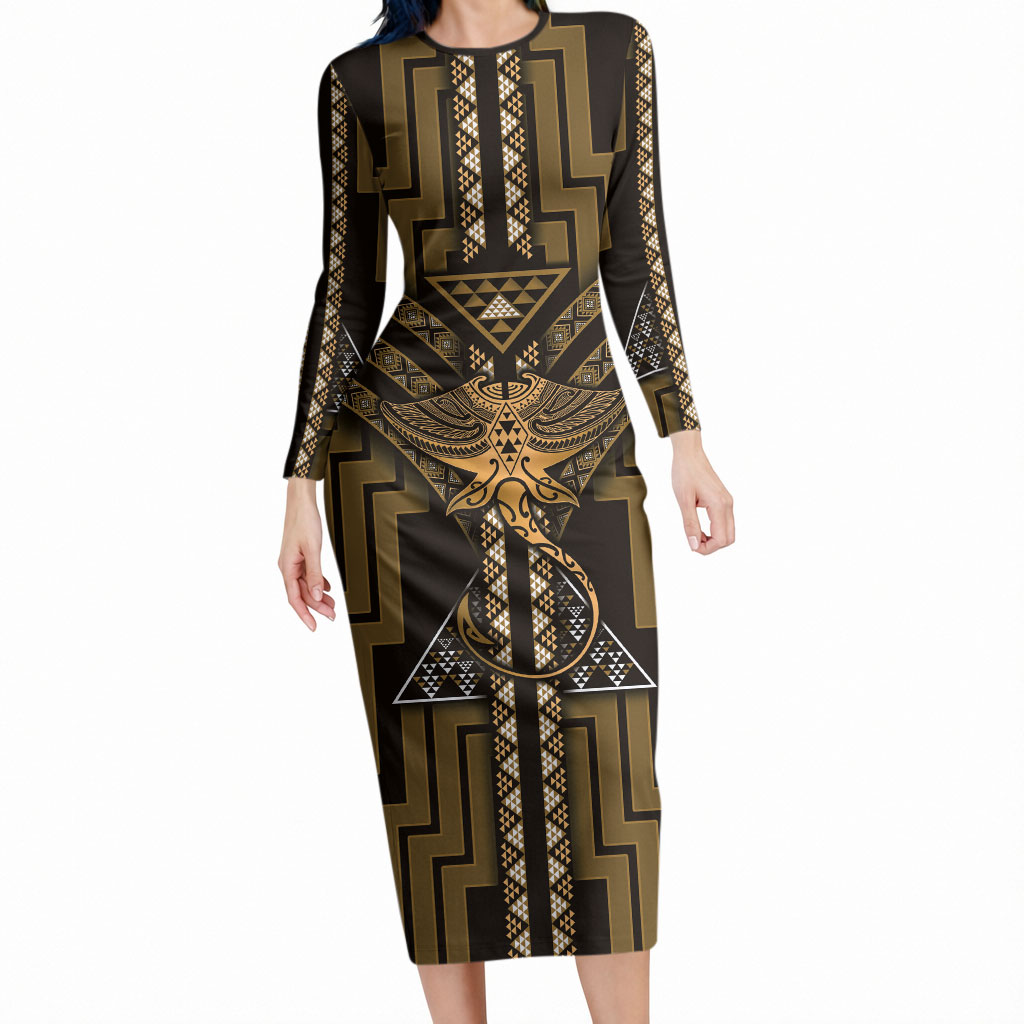 New Zealand Manta Ray Long Sleeve Bodycon Dress Maori Tukutuku Taniko Motifs Gold
